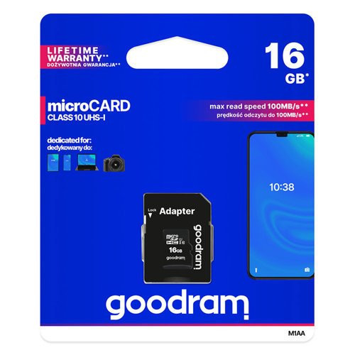 Goodram Microcard Memóriakártya 16 GB micro SD HC UHS-I class 10 SD adapter (M1AA-0160R12)