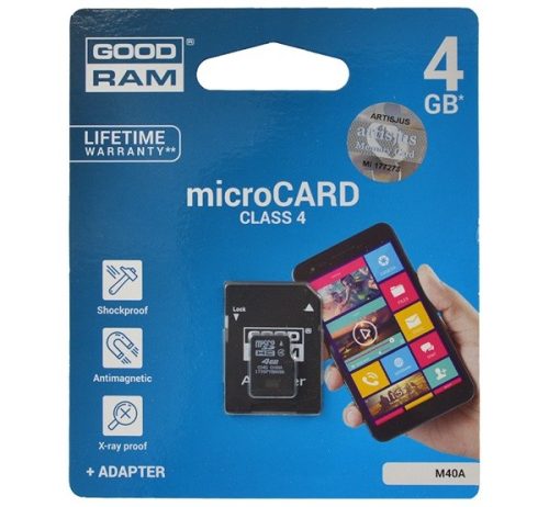 GOODRAM MEMÓRIAKÁRTYA TransFlash 4GB (microSDHC, Class 4) + SD adapter