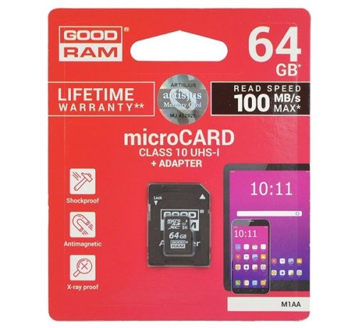 GOODRAM MEMÓRIAKÁRTYA TransFlash 64GB (microSDXC, Class 10, UHS-i 1, M1AA-0640R11 utódja) + SD adapter