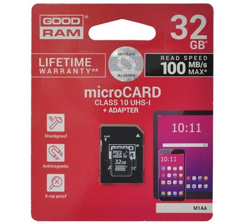 GOODRAM MEMÓRIAKÁRTYA TransFlash 32GB (microSDHC, Class 10, UHS-i 1, M1AA-0320R11 utódja) + SD adapter