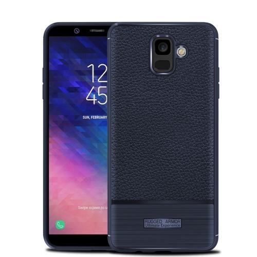 Samsung Galaxy A6 (2018) Szilikon Tok Prémium Szálcsiszolt-Bőrmintázattal Sötétkék
