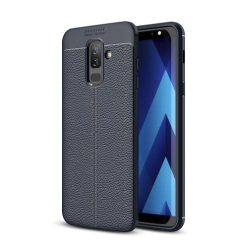   Samsung Galaxy A6+ (2018) Szilikon Tok Bőrmintázattal TPU Prémium Sötétkék