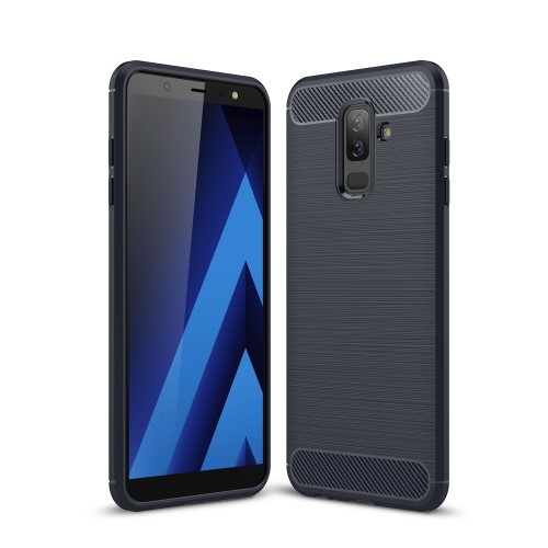 Samsung Galaxy A6+ (2018) Szilikon Tok Ütésállókivitel Karbon Mintázattal Sötétkék