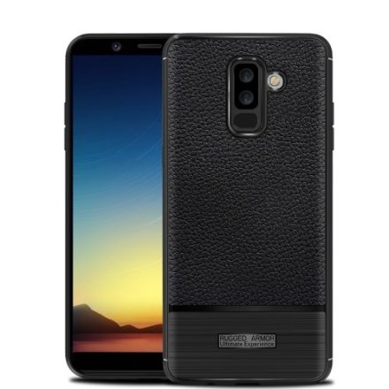Samsung Galaxy A6+ (2018) Szilikon Tok Prémium Szálcsiszolt-Bőrmintázattal Fekete