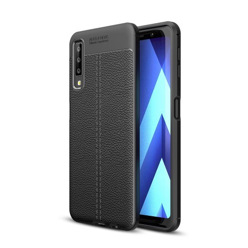Samsung Galaxy A7 (2018) Szilikon Tok Bőrmintázattal TPU Prémium Fekete