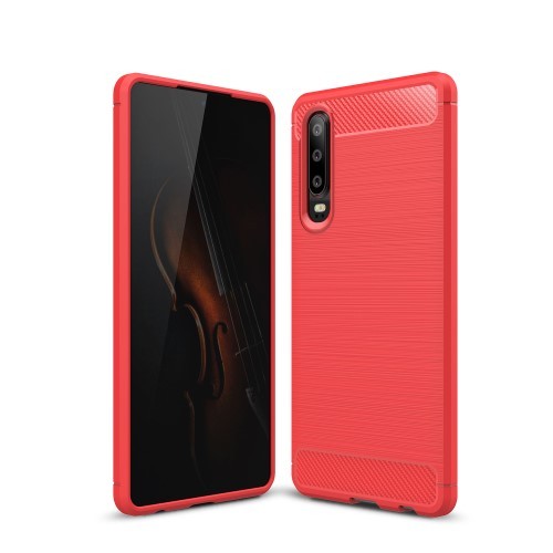 Huawei P30 Szilikon Tok Ütésállókivitel Karbon Mintázattal Piros