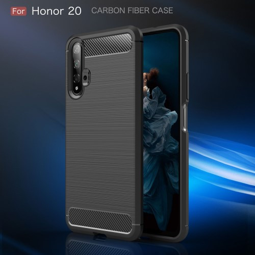 Huawei Honor 20 Szilikon Tok Ütésállókivitel Karbon Mintázattal Fekete