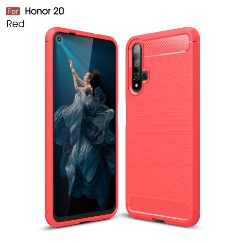 Huawei Honor 20 Szilikon Tok Ütésállókivitel Karbon Mintázattal Piros