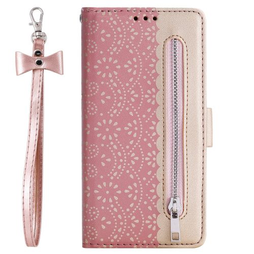 RMPACK Xiaomi Redmi Note 8 Bankkártyatartóval Notesz Csipke - Lace Flower Minta Rózsaszín