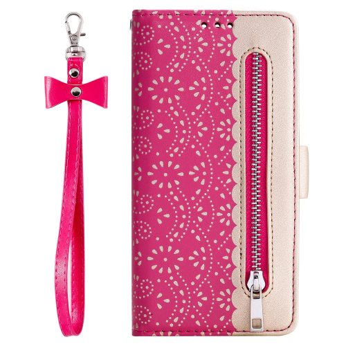 RMPACK Xiaomi Redmi Note 8 Bankkártyatartóval Notesz Csipke - Lace Flower Minta Pink