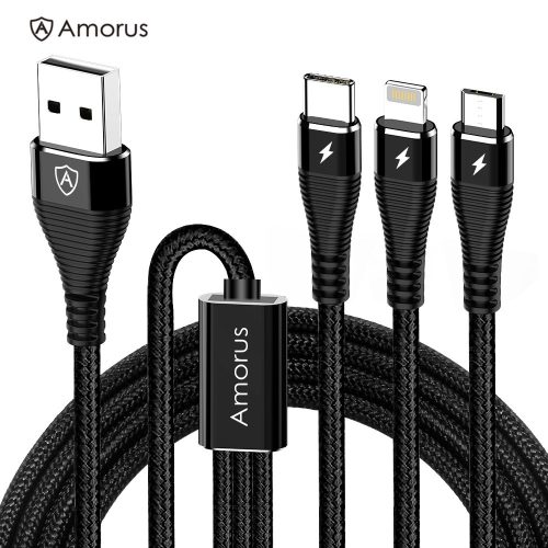 AMORUS USB Kábel 1.2m 3in1 iPhone-Apple+MicroUSB+Type C Töltő Kábel Fekete