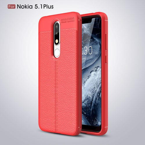 Nokia 5.1 Plus Bőrmintás Szilikon Tok Piros