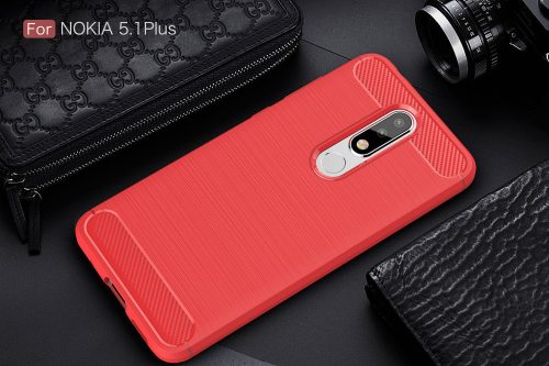 Nokia 5.1 Plus Szilikon Tok Karbon Mintázattal Piros